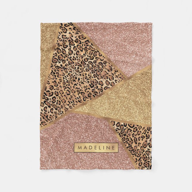 Geometric Rose Gold Blush Glitter Leopard Pattern Fleece Blanket (Front)