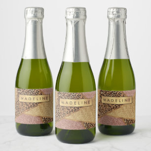 Geometric Rose Gold Blush Glitter Leopard Print Sparkling Wine Label