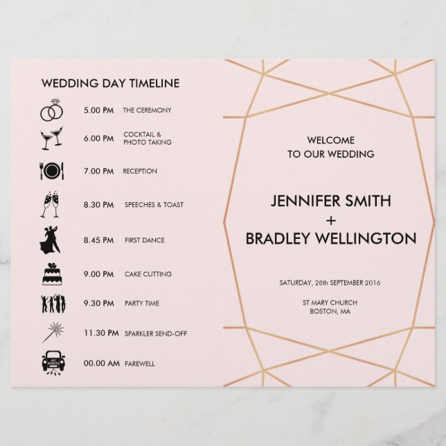 Geometric Rose Gold Folded Wedding Timeline (Front)