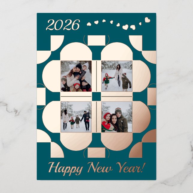 Geometric rose gold frames - 4 pics happy new year foil holiday card (Front)