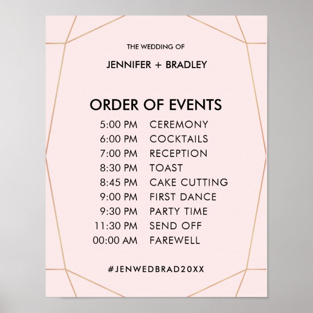 Geometric Rose Gold Wedding Schedule Sign (Front)