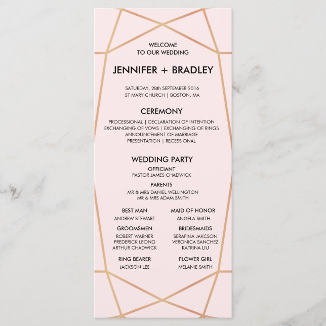 Geometric Rose Gold Wedding Timeline | Custom Colo Programme (Front)