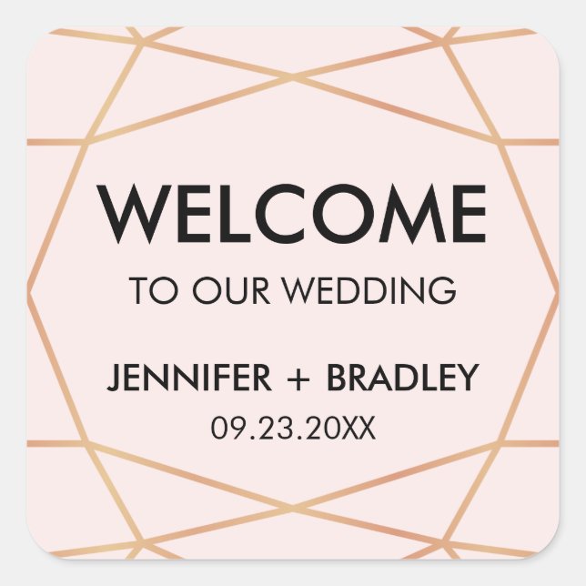 Geometric Rose Gold Wedding Welcome Bag Label (Front)