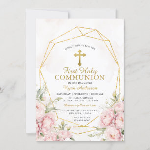 Geometric Roses First Holy Communion  Invitation