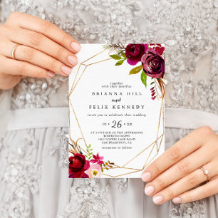 Geometric Rustic Burgundy Floral Casual Wedding Invitation