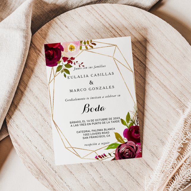 Geometric Rustic Burgundy Floral Spanish Wedding Invitation (Creator Uploaded)
