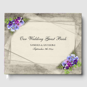 Geometric Rustic Elegant Blue Pansies Wedding Guest Book