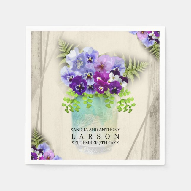 Geometric Rustic Elegant Pansies Wedding Dinner Napkin (Front)