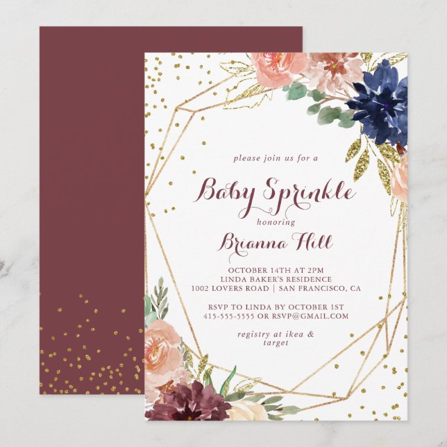 Geometric Rustic Gold Calligraphy Baby Sprinkle Invitation (Front/Back)