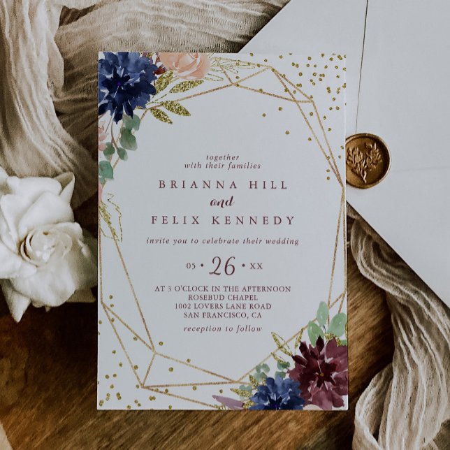 Geometric Rustic Gold Glitter and Floral Wedding Invitation (Creator Uploaded)