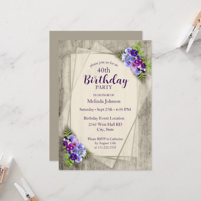 Geometric Rustic Pansies 40th Birthday Invitation (Front/Back In Situ)
