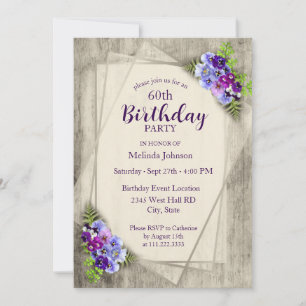 Geometric Rustic Pansies 60th Birthday Invitation