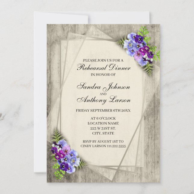 Geometric Rustic  Pansies Rehearsal Invitation (Front)
