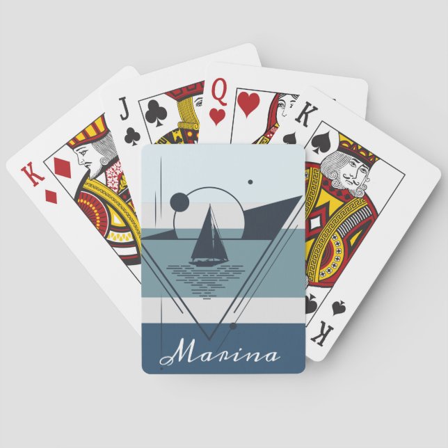 Geometric Sailboat Modern Art Personalized Playing Cards (Back)