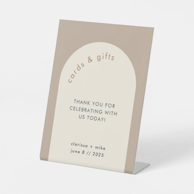 Geometric Sand Beige Arch Wedding Cards Gifts Pedestal Sign (Front)