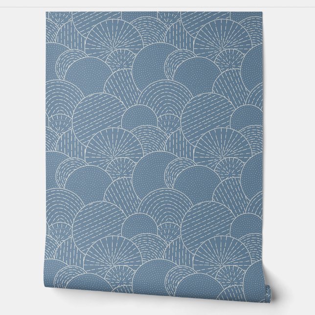 Geometric Scallops Line Art, Smokey Blue Wallpaper (Unrolling)