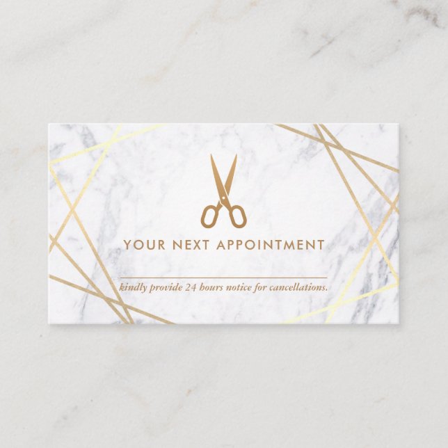 Geometric Scissors Marble Hair Stylist Appointment Business Card (Front)