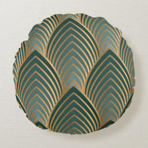Geometric seamless pattern with golden and green c round cushion