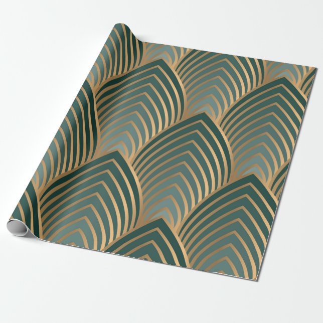 Geometric seamless pattern with golden and green c wrapping paper (Unrolled)