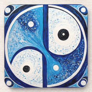 Geometric Serenity: Blue & White Yin Yang Coaster