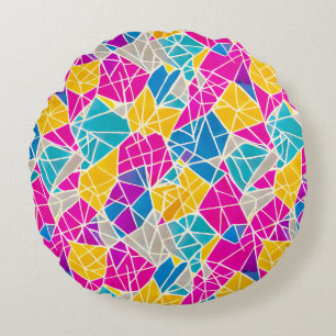 Geometric Shapes and Lines in Vibrant Color Round Cushion
