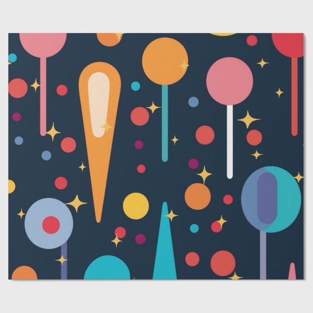 Geometric Shapes and Stars on Black Background Wrapping Paper (Flat)