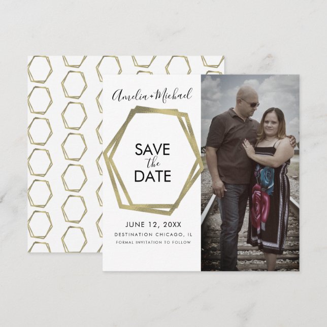 Geometric Shapes Gold Save the Date Card (Front/Back)