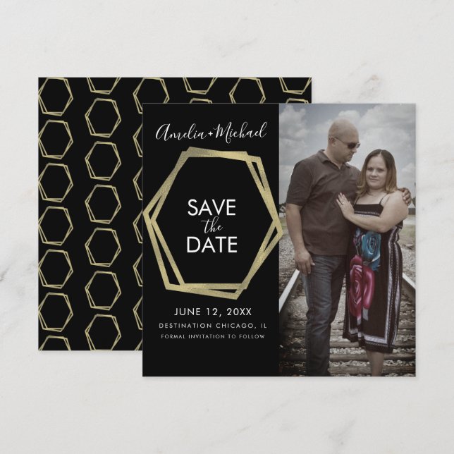 Geometric Shapes Gold Save the Date Card (Front/Back)