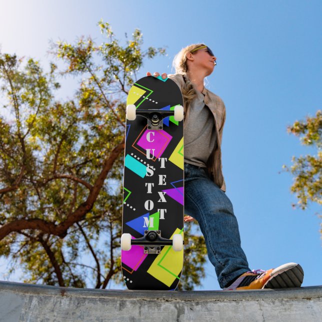 GEOMETRIC SHAPES PATTERNED NEON RETRO 80'S FASHION SKATEBOARD (Outdoor 1)