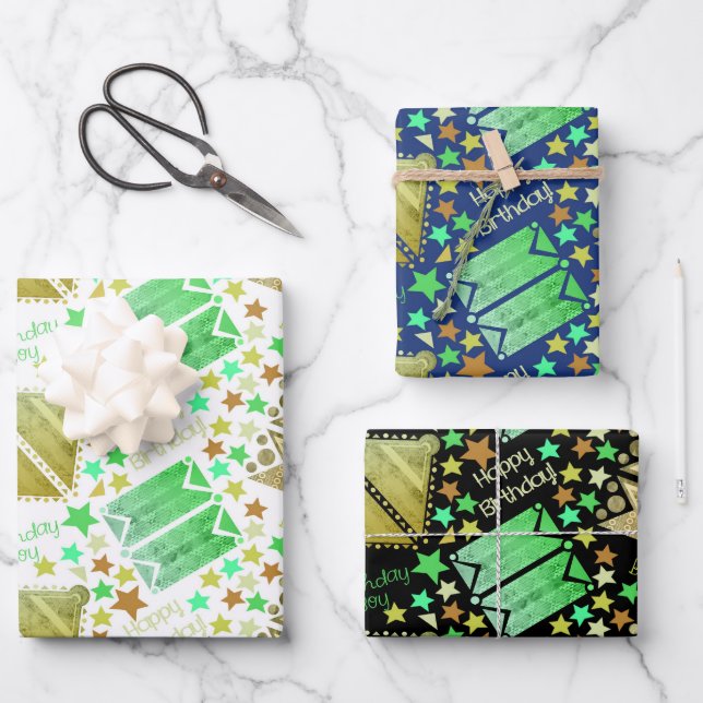 Geometric Shapes White Blue Black Wrapping Paper Sheet (Front)