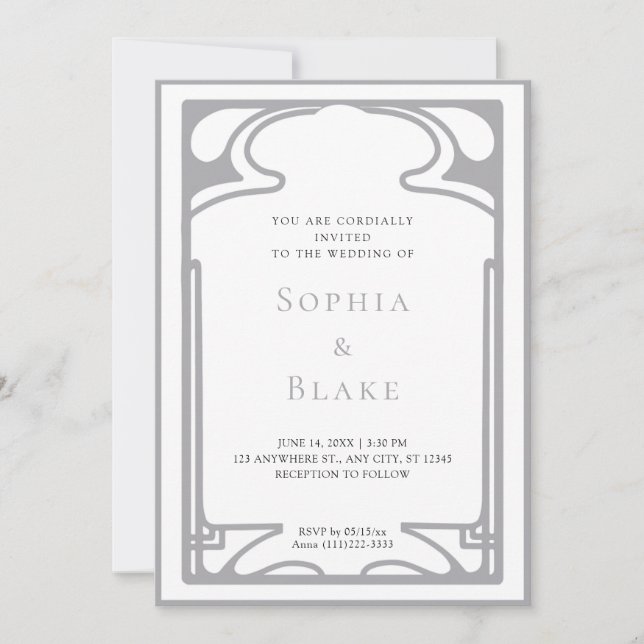 Geometric Silver and White Art Deco Wedding Invitation (Front)