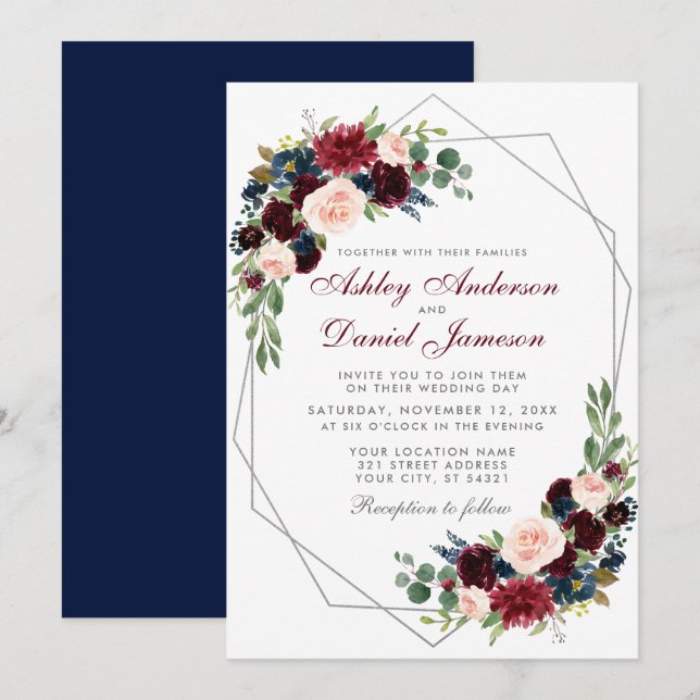 Geometric Silver Burgundy Floral Blue Wedding Invitation (Front/Back)