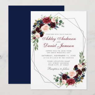 Geometric Silver Burgundy Floral Blue Wedding Invitation