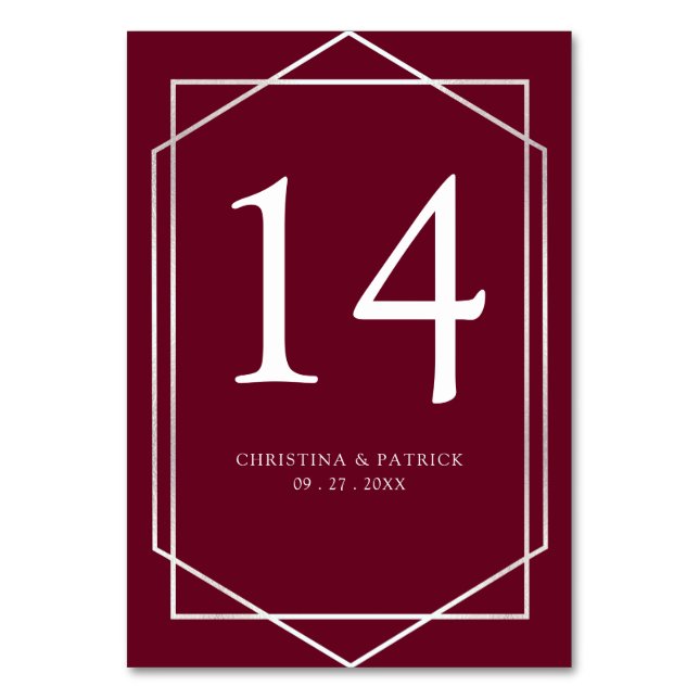 Geometric Silver & Burgundy Wedding Table Number (Front)