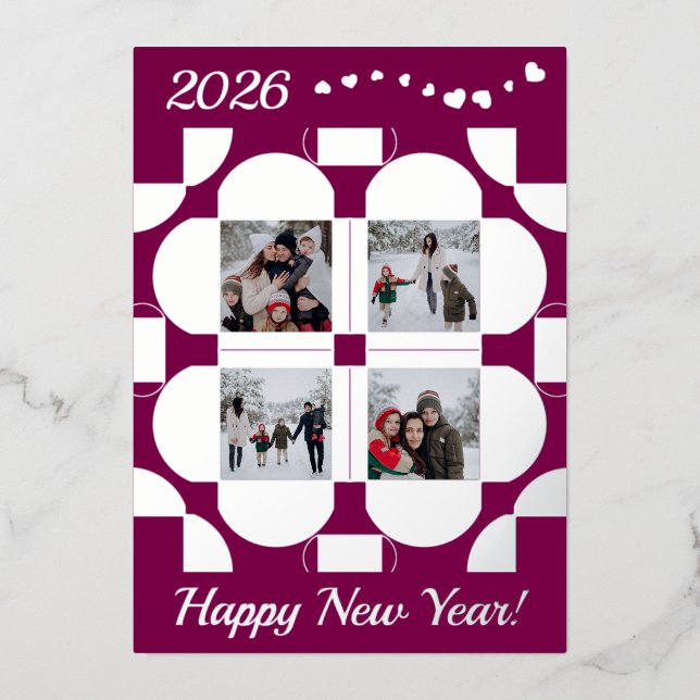 Geometric silver frames - 4 photos happy new year foil holiday card (Front)