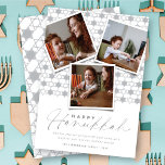 Geometric Silver Stars Of David Hanukkah 3 Photo Holiday Card<br><div class="desc">This modern Hanukkah card features 3 instant photo collage on a background pattern of geometric stars pattern. The greeting is a mix typography of a trendy handwriting script and simple sans serif text. The 'Happy Hanukkah' greeting and background can be changed to any colour of your choice. Designed / original...</div>