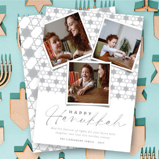 Geometric Silver Stars Of David Hanukkah 3 Photo Holiday Card