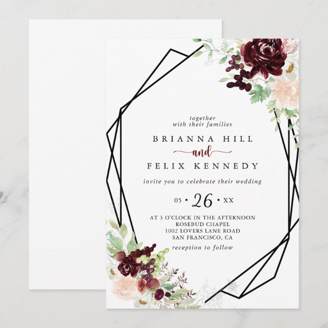 Geometric Simple Colourful Classic Floral Wedding Invitation (Front/Back)