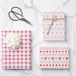 Geometric Simple Red White Pink Gingham Christmas Wrapping Paper Sheet