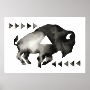 Geometric Sleepy Buffalo . Mod Art . Black White Poster