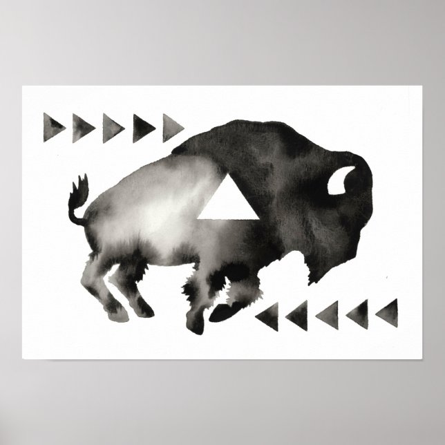 Geometric Sleepy Buffalo . Mod Art . Black White Poster (Front)