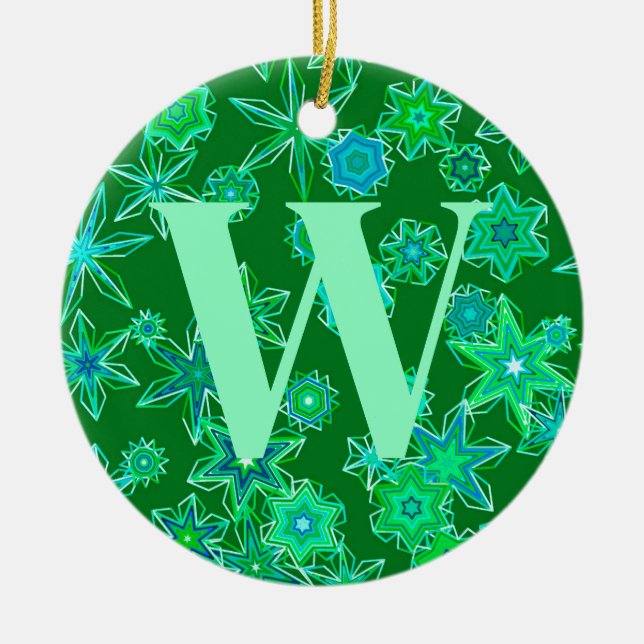 Geometric Snowflakes, Emerald Green Personalised  Ceramic Tree Decoration (Front)