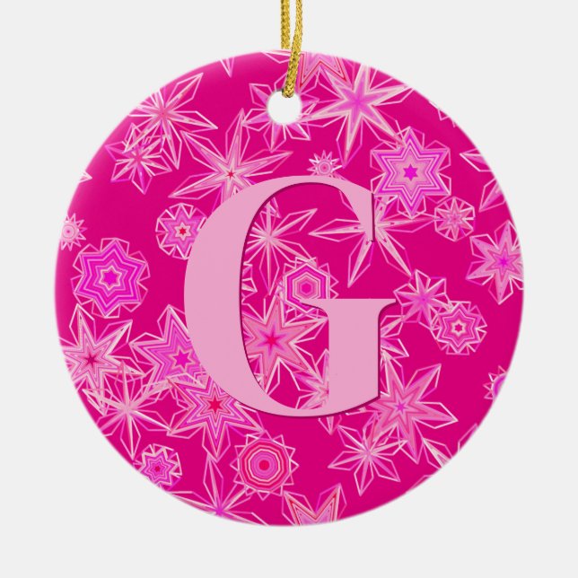 Geometric Snowflakes, Fuchsia Pink Personalised  Ceramic Tree Decoration (Front)