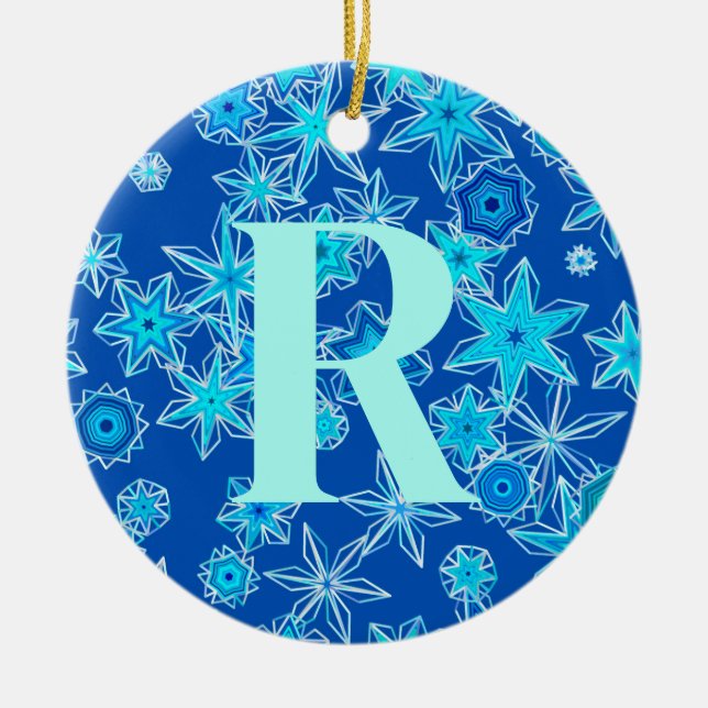 Geometric Snowflakes, Sapphire Blue Personalised  Ceramic Tree Decoration (Front)