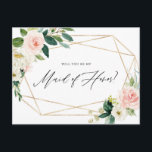Geometric Spring Blooms Be My Maid of Honour Card<br><div class="desc">Geometric Watercolor Spring Blooms Will You Be My Maid of Honour Card | Ask family and friends to be part of your wedding with this customisable bridal party proposal card. It features watercolor illustrations of white, peach and pink roses and peonies, foliage accents and faux foil geometric frame. This floral...</div>