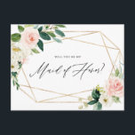 Geometric Spring Blooms Be My Maid of Honour Card<br><div class="desc">Geometric Watercolor Spring Blooms Will You Be My Maid of Honour Card | Ask family and friends to be part of your wedding with this customisable bridal party proposal card. It features watercolor illustrations of white, peach and pink roses and peonies, foliage accents and faux foil geometric frame. This floral...</div>