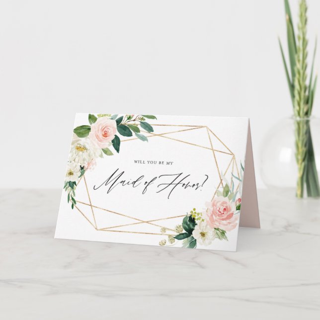 Geometric Spring Blooms Maid of Honour Proposal Card (Front)