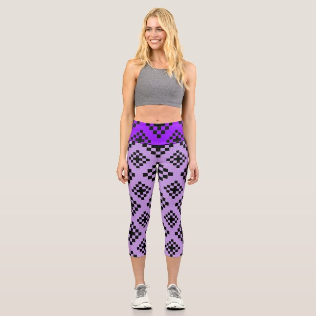 Geometric Square Pattern Mosaic Black and Purple Capri Leggings (Front)