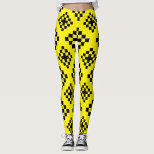 Geometric Square Pattern Mosaic Black and Yellow Leggings