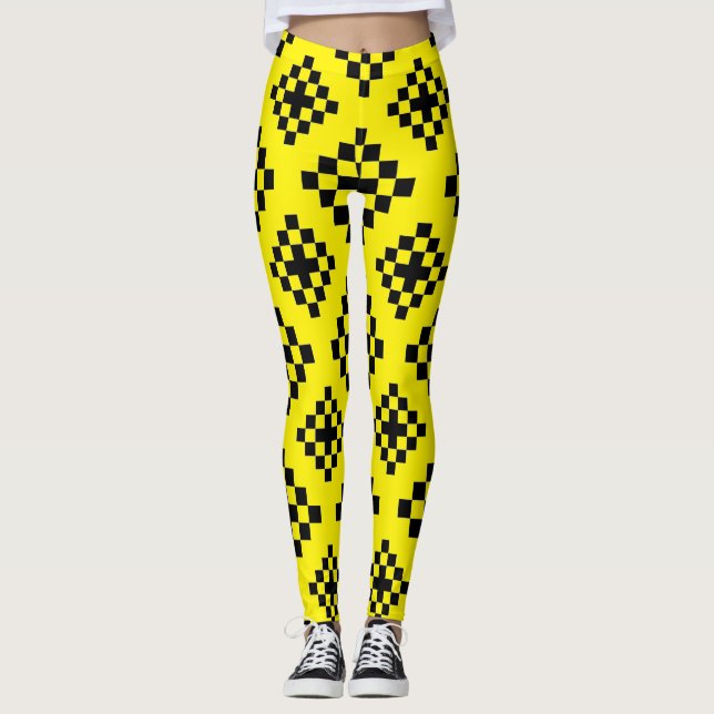 Geometric Square Pattern Mosaic Black and Yellow Leggings (Front)